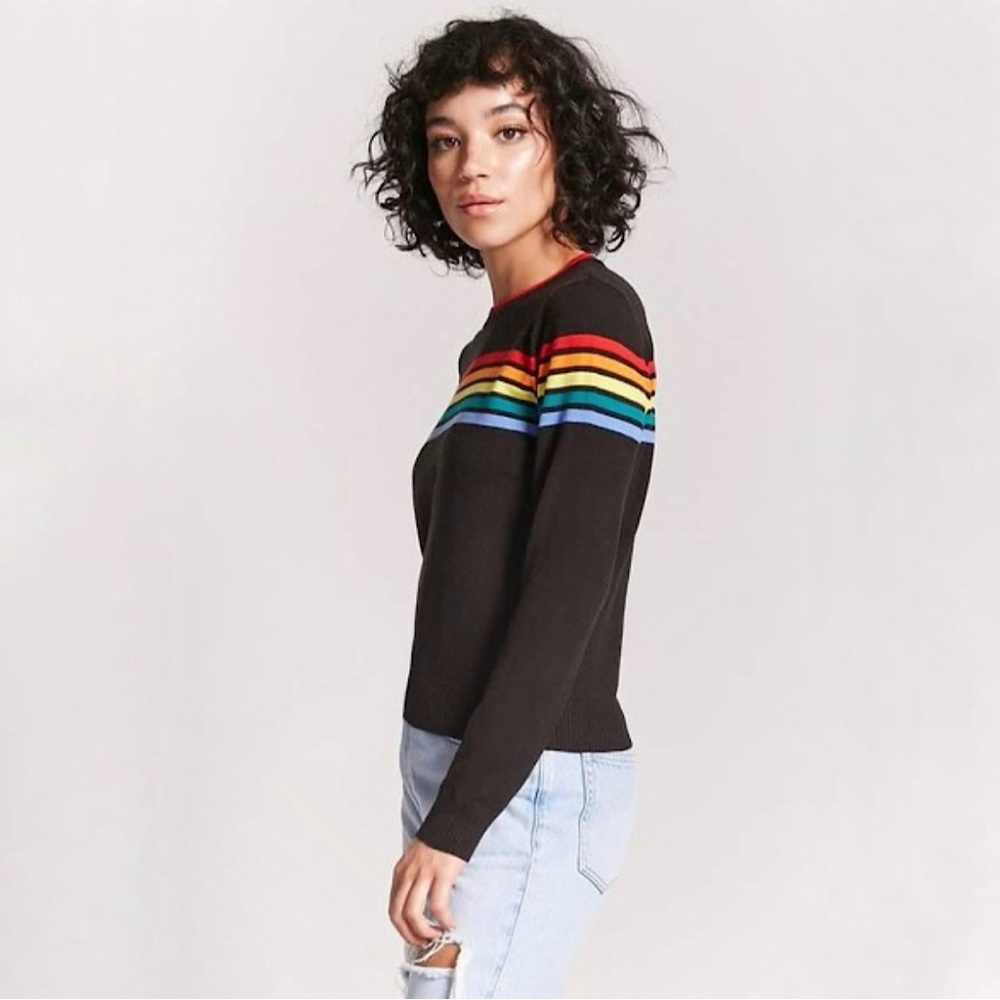 Forever 21 Multicolor Stripe Cropped Crewneck Sweater Black XS - Picture 2 of 8